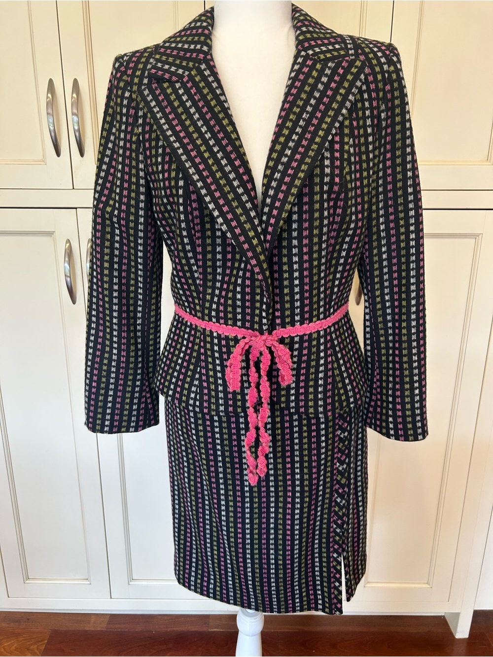 Milly Black Striped Blazer & Skirt Set with Pink and Green Accents